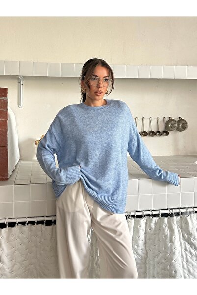 Genel Markalar Kadın Yumuşak Dokulu Mavi Oversize Kazak
