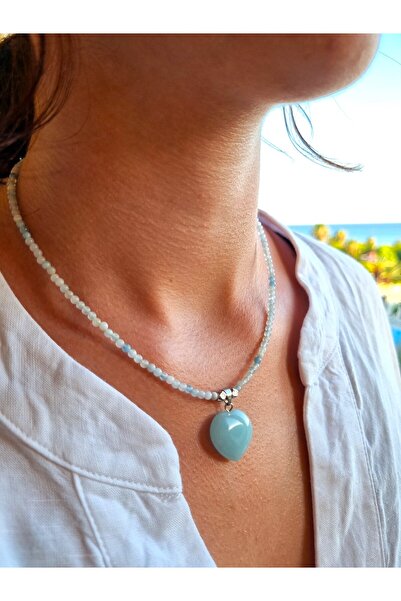 NEMOR STUDIO قلادة على شكل قلب من حجر الأكوامارين الطبيعي |   الانتعاش والتوازن