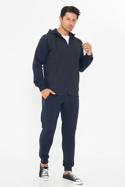 TRENDHİLL Men's Full Zip Hooded Tracksuit Set Indigo 5816-İ