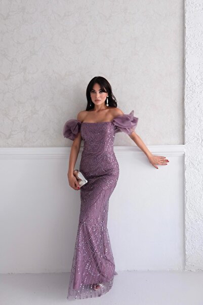 Serica Moda Lilac Balloon Sleeve Detailed Sequin Embroidered Strapless Evening Dress