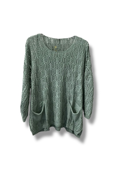 SUMEF Women's Mercerized Perforated Knitwear Blouse with Pockets Casual Model 38-52 Size Compatible