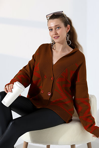 ALCHON V Fold Collar Long Sleeve Jacquard Panel 6 Buttons Winter Stylish Thick Knitwear Sweater