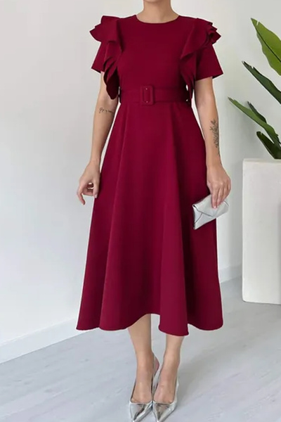 MILANOFOX Atlas Crepe A-Line Midi Length Dress with Shoulder Ruffle Detail and Belt