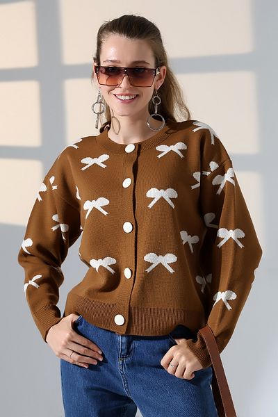 ALCHON Round Neck Long Sleeve Jacquard Panel Bow Tie Bow Pattern 5 Buttons Winter Knitwear Cardigan
