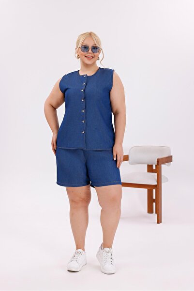 Siyezen Plus Size Buttoned Shorts Jean Suit
