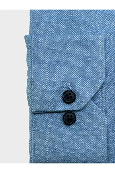 KAMER Men's Slim Fit Long Sleeve Button Collar Without Pocket Blue Shirt 2401m