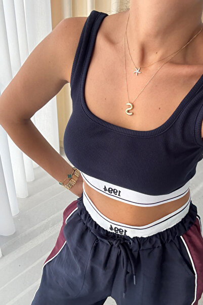 Seda Yalçın Atelier Navy Blue Ribbed Waist Stripe Detailed Wide Leg Trousers Bustier Suit