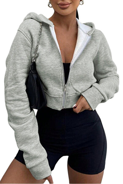 CLAYES Gray Women's Crop Zipper Hooded Sweatshirt