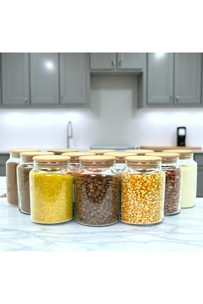 mafa home Set of 12 Wooden Vacuum Lid Glass Pulses Storage Jars 800 ml with Label Gift