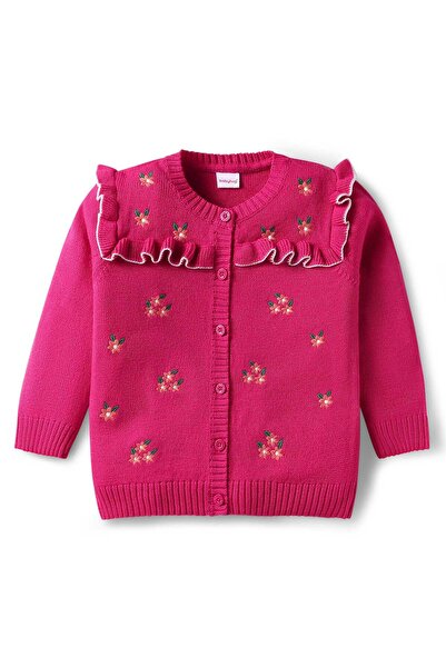 Babyhug Knitted Full Sleeves Front Open Sweater with Floral Embroidery & Fril...