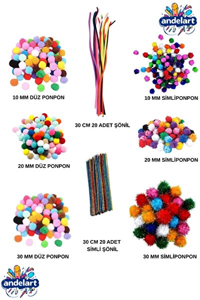 andelart Renkli Pon Pon 10 20 30 mm düz şönil ve simli şönil Metalik ve Ana Renkler Seti