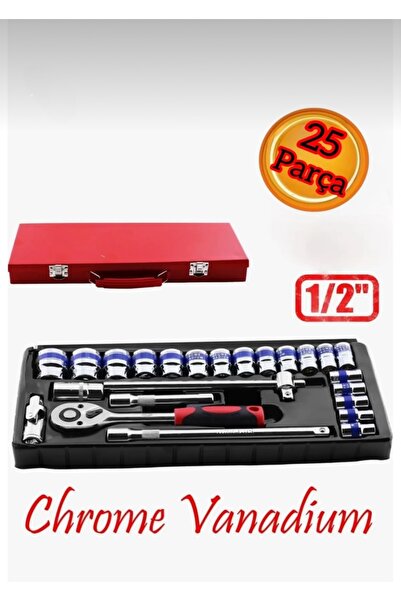 chrome Metal Kutulu 25 Parça Uzatmalı T Kollu Lokma Anahtar Takımı 1/2''