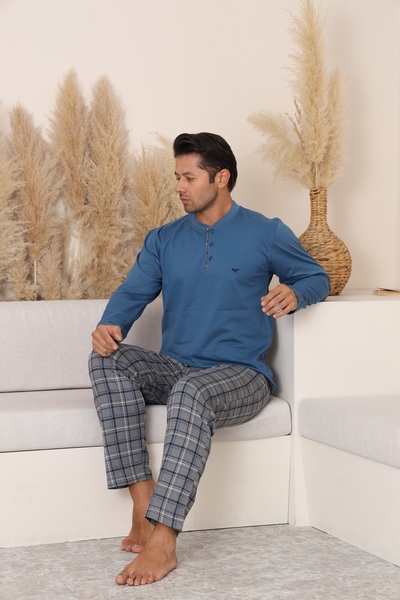 KAPİTEX New Season Long Sleeve Collar Placket Three Button Pants with Pockets Indigo Color Men's Pajama Set