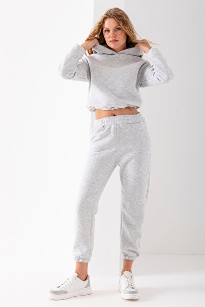 GİYSA Γυναικείο σετ αθλητικής φόρμας με κουκούλα με 3 κλωστές γκρι - 2605
