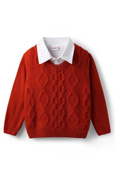 Babyhug Knit Full Sleeves Collar Neck Pullover with Cable Knit Design - Rust Orange