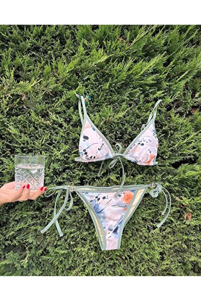 VULEVU JADE ONYX Kontrast Biyeli Desenli Üçgen Bikini Üstü