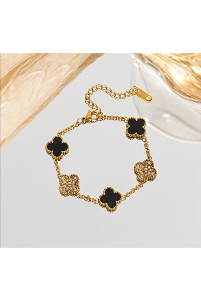 stainless steell VİP siyah renk çok yönlü 18K altın kaplama dört yaprak model...