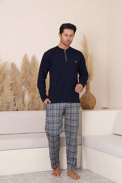 KAPİTEX New Season Long Sleeve Lapel Collar Three Button Trousers with Pocket Plaid Navy Blue Color Men's Pajama Set
