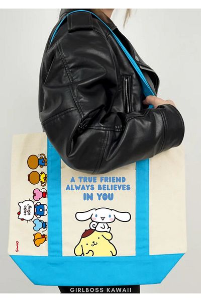Girlboss Kawaii Cinnamoroll & Pompompurin Canvas Bag with Front Pocket Large Size / Shopping , Sports , Beach