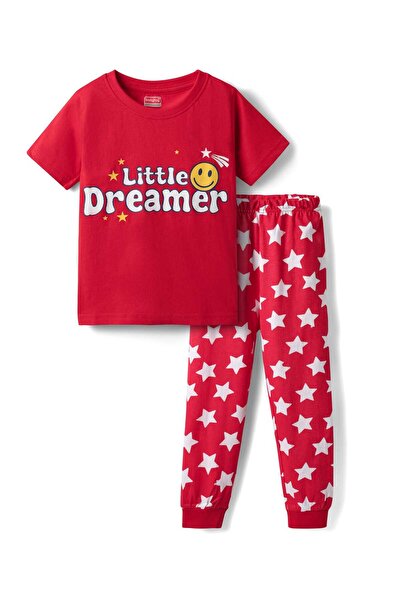 Babyhug بدلة نوم قطنية محبوكة بأكمام نصفية مع طبعة نص ونجمة - أحمر