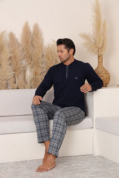 KAPİTEX New Season Long Sleeve Lapel Collar Three Button Trousers with Pocket Plaid Navy Blue Color Men's Pajama Set