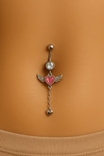 TAKIŞTIR Gümüş Renk Kalp Ve Kanat Figürlü Taş Detaylı Cerrahi Çelik Göbek Pie...