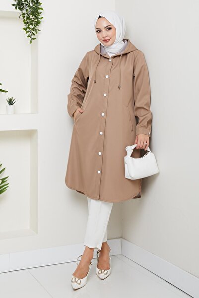 Hb Harma Time Butik Kadın Kapüşonlu İçi Çizgili Mevsimlik Vizon Trenç