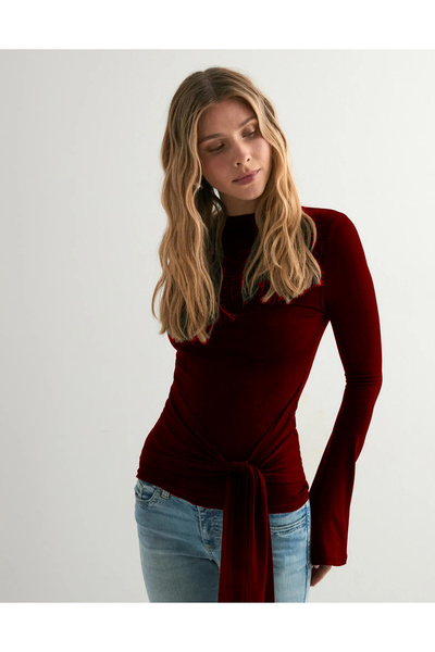 fablair Women's Stand Collar Long Sleeve Side Lace-Up Detailed Blouse