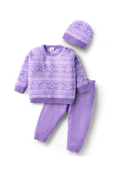 Babyhug Knit Full Sleeves Sweater Set with Cap Aztec Design - Lilac