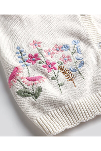 Bonfino Knit Full Sleeve Front Open Sweater with Floral Embroidery - White