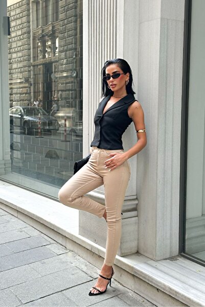 HLT JEANS Kadın Bej Süper Skinny Fit Esnek Likralı Yüksek Bel Jean Kot Pantol...