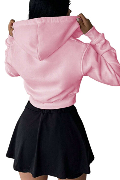 DUBU BUTİK Pembe Kadın Crop Fermuarlı Kapüşonlu Sweatshirt