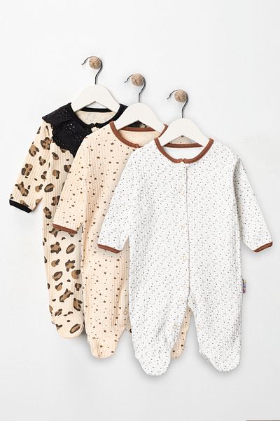 DEFNE LİNA BABY Baby Girl Floral Patterned 3-6-9 Months 3-Piece Cotton 3-Piece Jumpsuit with Booties
