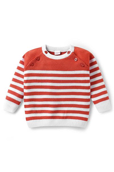Babyhug Knit Full Sleeves Striped Sweater Set - White & Rust Orange