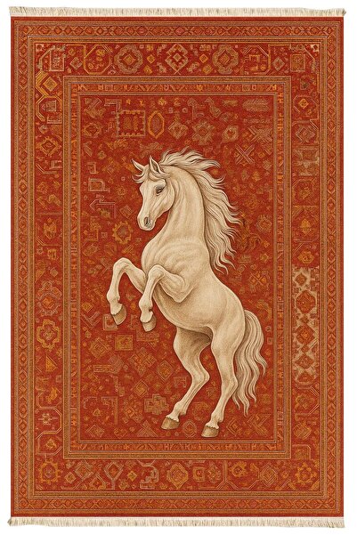 Markaev At Figürlü Vintage Kırmızı Desenli Halı Etnik Kilim Dokuma Taban Halı 327 YNG