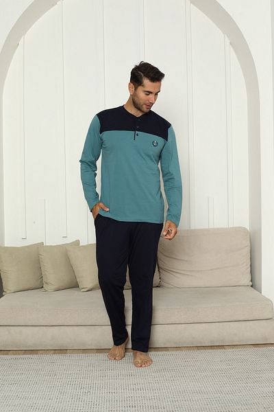 KAPİTEX New Season Long Sleeve Lapel Collar Three Button Pants with Pockets Green Color Men's Pajama Set