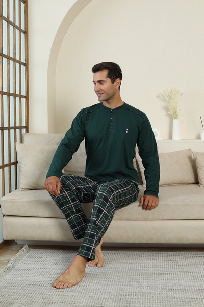 KAPİTEX New Season Long Sleeve Lapel Collar Three Button Trousers with Pockets Khaki Color Plaid Men's Pajama Set