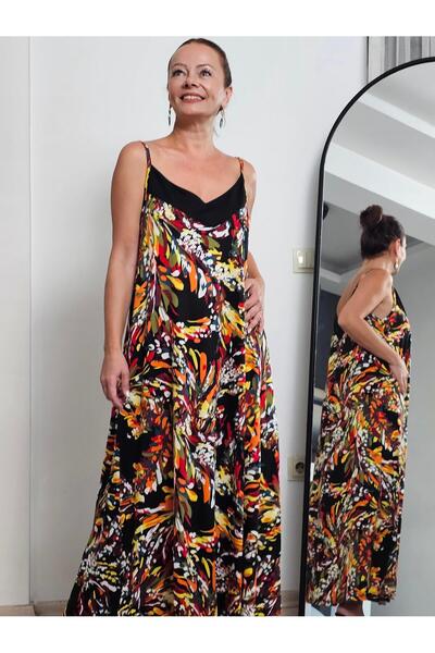 Felix Butik FELİX13959 İp Askılı Turuncu Sarı Yaprak Desenli Büyük Beden Siyah Viscon Penye Elbise