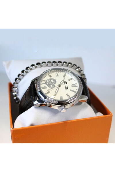 FashionForYou Waterproof elegant watch set, -leather strap and matching bracelet, , Black/Silver, Jewelry set