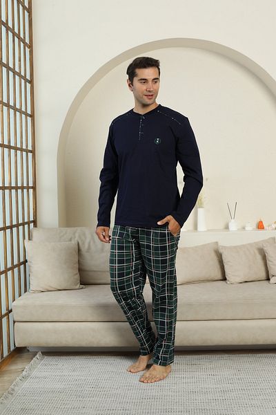 KAPİTEX New Season Long Sleeve Lapel Collar Three Button Trousers with Pocket Navy Blue Color Plaid Men's Pajama Set