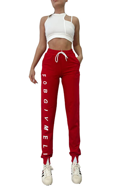 FashionForYou Αθλητικό παντελόνι FOB, κατασκευασμένο από βαμβάκι, ελαστικές μανσέτες με στυλιζαρισμένα κοψίματα στα άκρα, κόκκινο