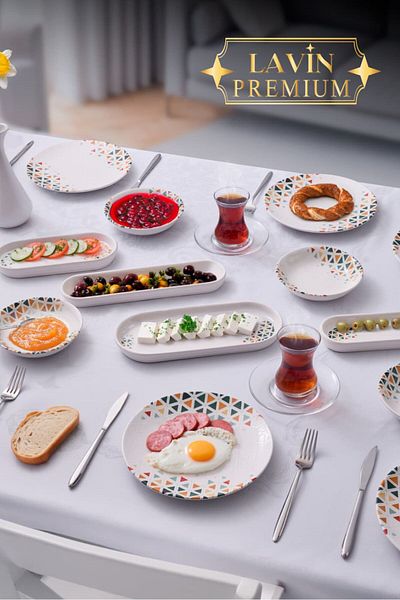 YzHome 14 Piece Porcelain Breakfast Set for 6 People Breakfast Presentation Set Plate Plate