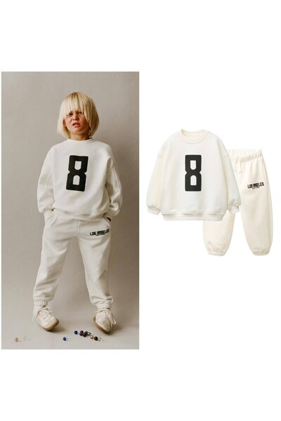 anonim Boy's Cotton Ecru 8 Los Angeles Printed Sweatshirt and Sweatpants Set