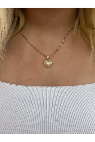 Hicrans Takı TAŞLI KALPLİ MODEL ÇELİK KOLYE