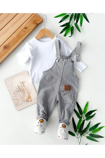 hümabebe Tiny Pocket Bear Punch Embroidered Seasonal Denim Fabric 2-Piece Salopet Set