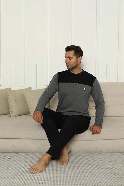 KAPİTEX New Season Long Sleeve Collar Placket Three Button Trousers with Pockets Anthracite Color Men's Pajama Set