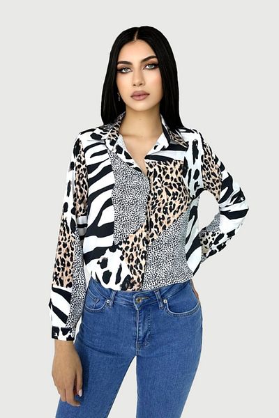 FashionForYou Women's Mozaic shirt, with long sleeves, cuffs and classic straight cut, Animal print, XL
