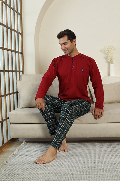 KAPİTEX New Season Long Sleeve Collar Placket Three Button Trousers with Pockets Burgundy Color Plaid Men's Pajama Set
