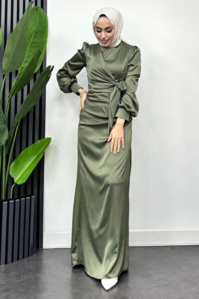 Tesettür Diyarı Satin Hijab Evening Dress with Waist Tie Detail-Khaki