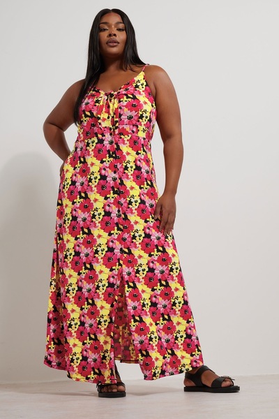 Stil Diva Plus Size Gathered Front Strap Floral Print Button Dress 303481